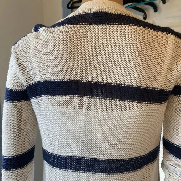 OldNavy Lose Knit Long Sleeve Cardigan Sweater Lady Sz Sp White Navy Linen Blend - Picture 7 of 9